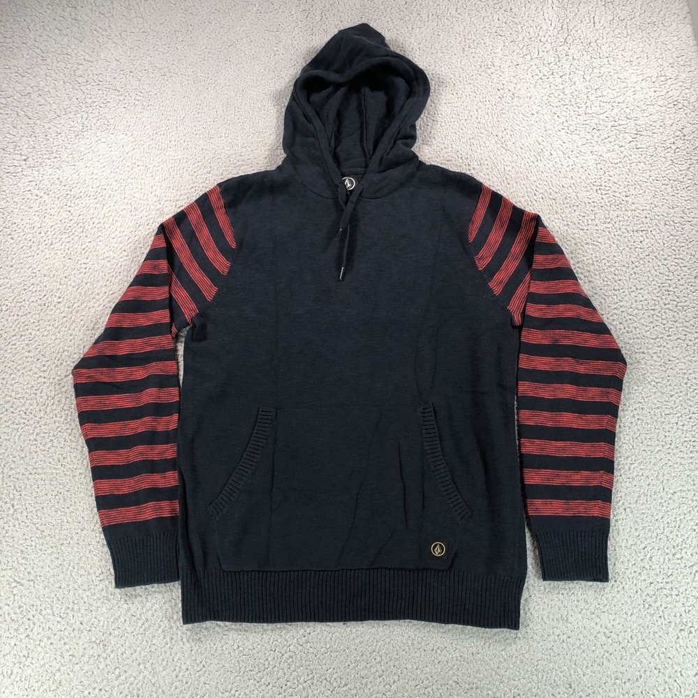 Volcom Hoodie Mens Medium‎ Blue Red Stripes Knit  Surf  Skate Cromly Logo New